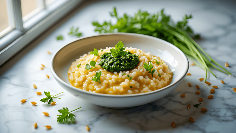 Risotto revisité en 20 min : épeautre crémeux + pesto de fanes (anti-gaspi)