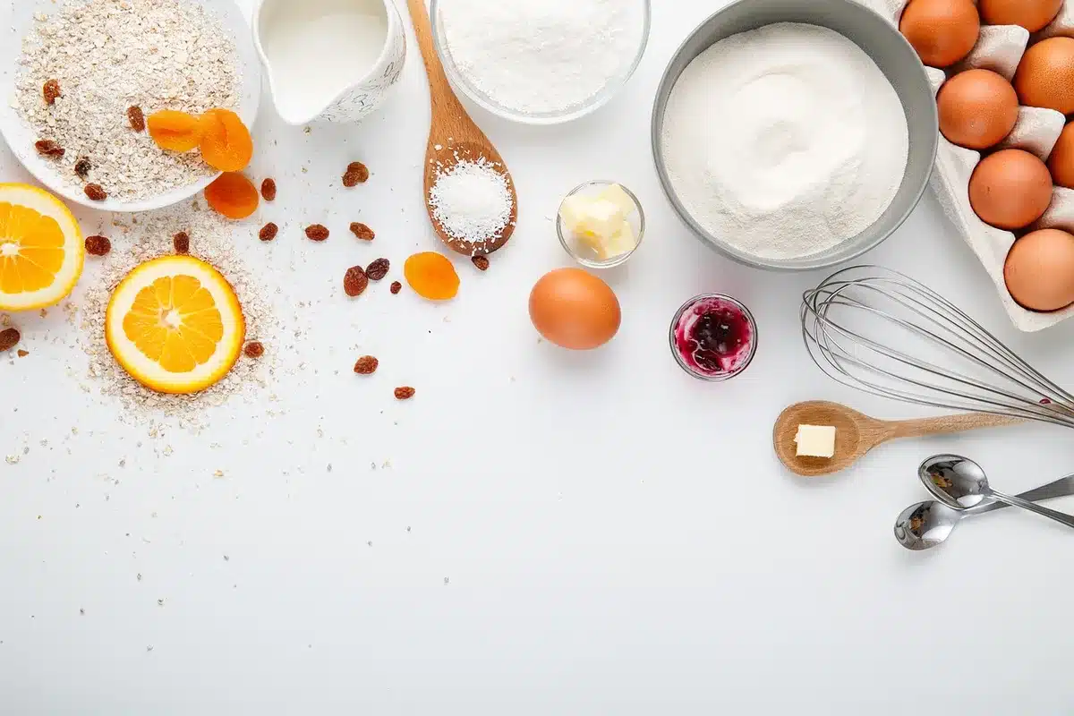 Ingrédients du clafoutis : œufs, sucre, farine, lait et abricots frais.
