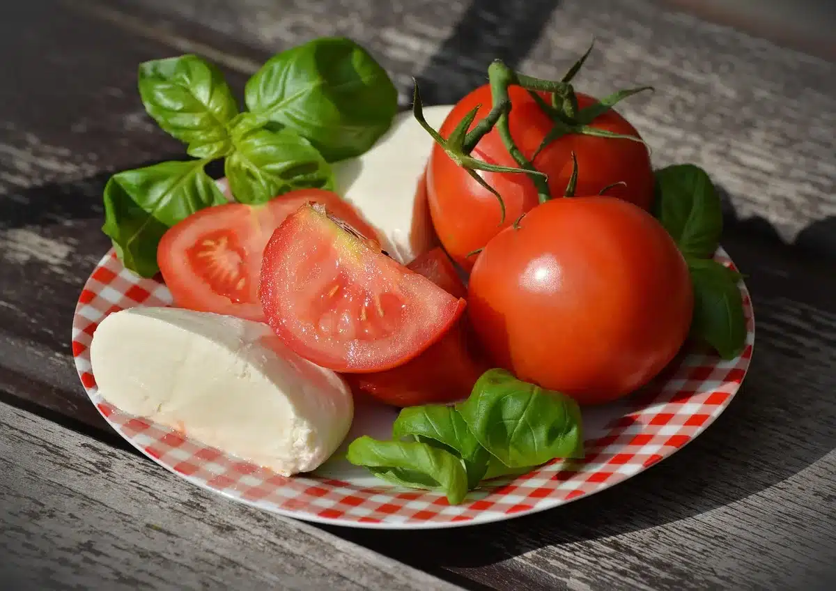 Ingrédients frais pour les rouleaux : aubergines, tomates, mozzarella, pesto et roquette