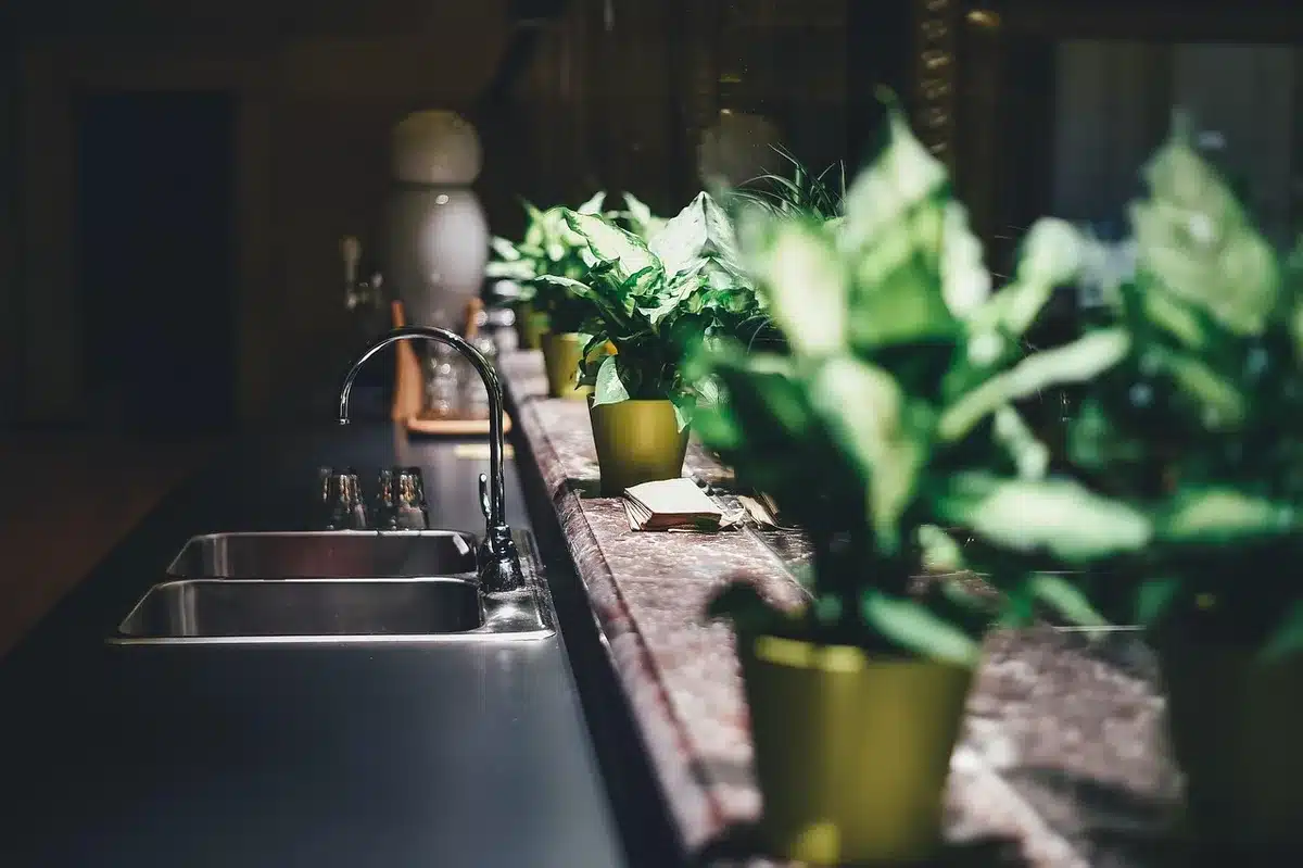 Plan de travail avec bocaux de fermentation et ustensiles de cuisine propres