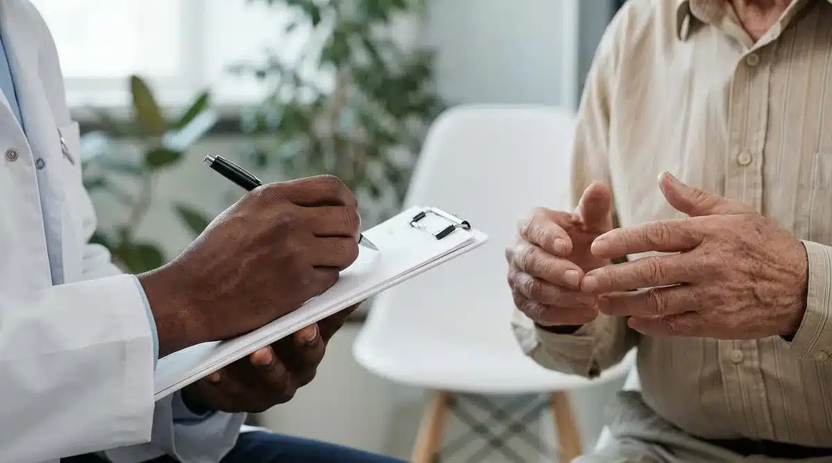 Documents d'essais cliniques et main tenant un stylo sur une table de consultation