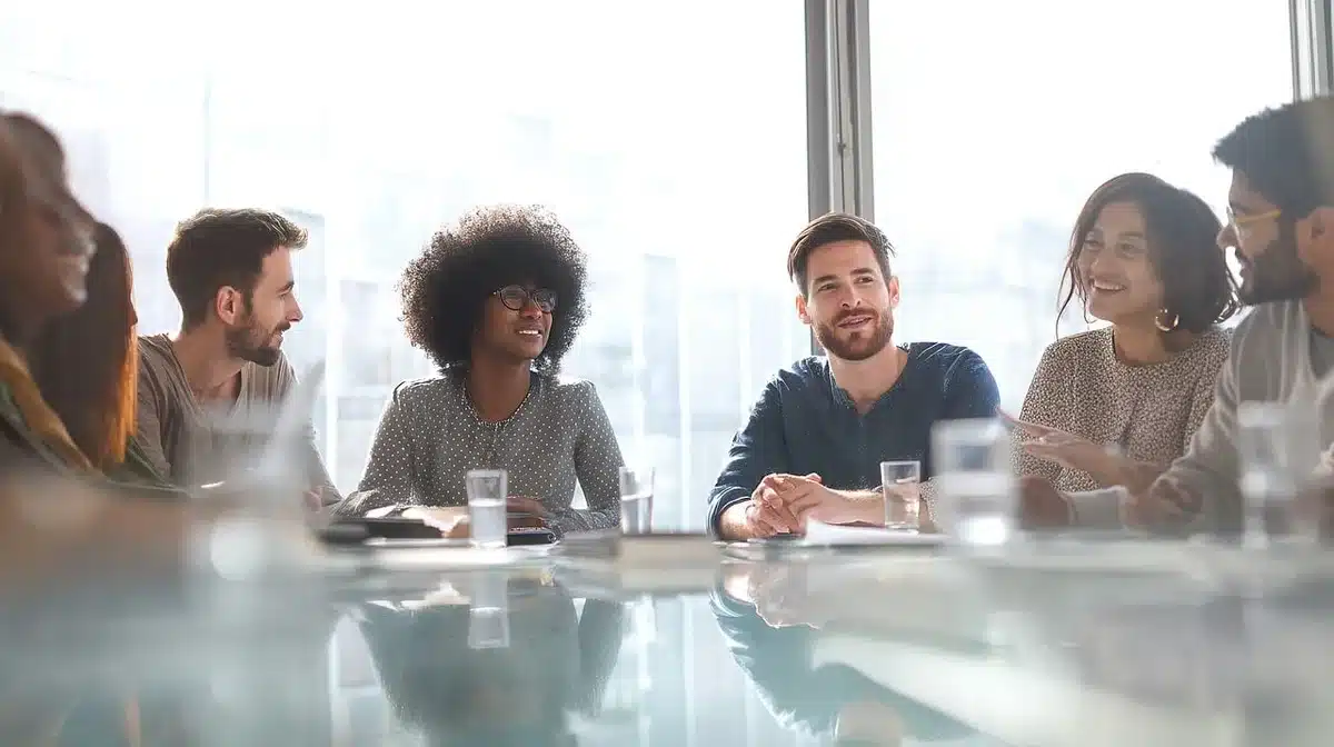Groupe diverse en réunion informelle échangeant des idées dans un bureau lumineux